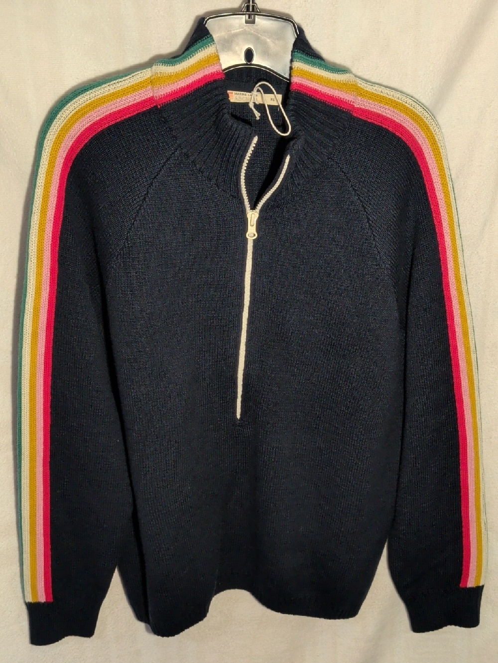 Marine Layer Navy Zip-Up Sweater with Rainbow Shoulder Stripes